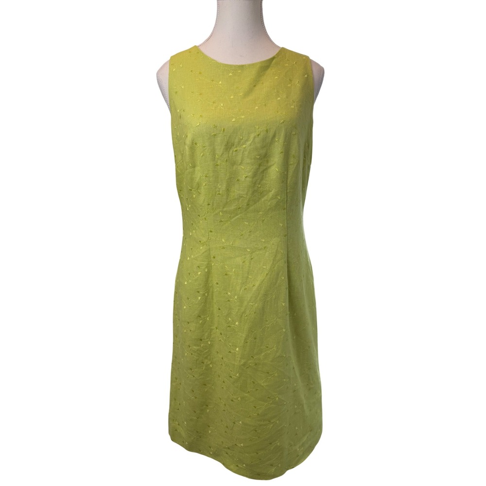 Coldwater Creek Sz 6 Green Embroidered Linen Sheath Open Back Dress 90s Career